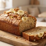 Un banana bread maison, tranché, garni de bananes, noix et avoine sur une planche en bois dans une cuisine lumineuse.