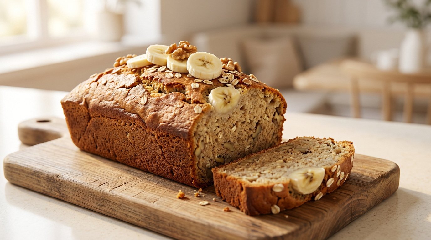Un banana bread maison, tranché, garni de bananes, noix et avoine sur une planche en bois dans une cuisine lumineuse.