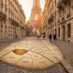 Carte interactive des arrondissements de Paris (75xxx) projetée sur une rue pavée, avec la Tour Eiffel et une boîte aux lettres.