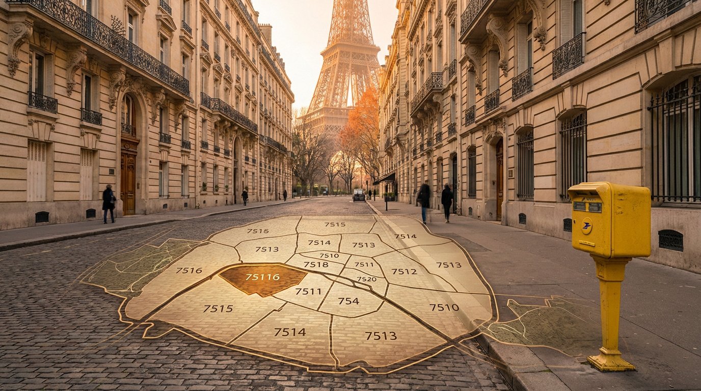 Carte interactive des arrondissements de Paris (75xxx) projetée sur une rue pavée, avec la Tour Eiffel et une boîte aux lettres.