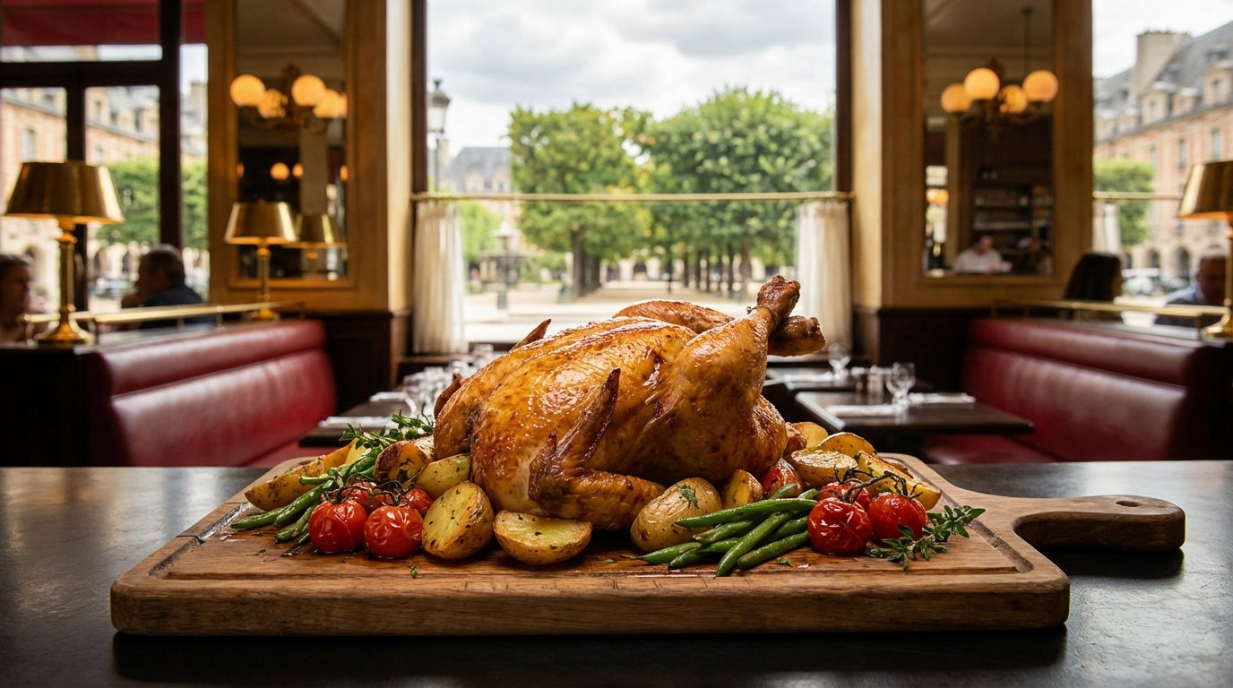 Poulet rôti doré entier avec pommes de terre, haricots verts et tomates sur planche en bois, dans brasserie avec vue sur un square.