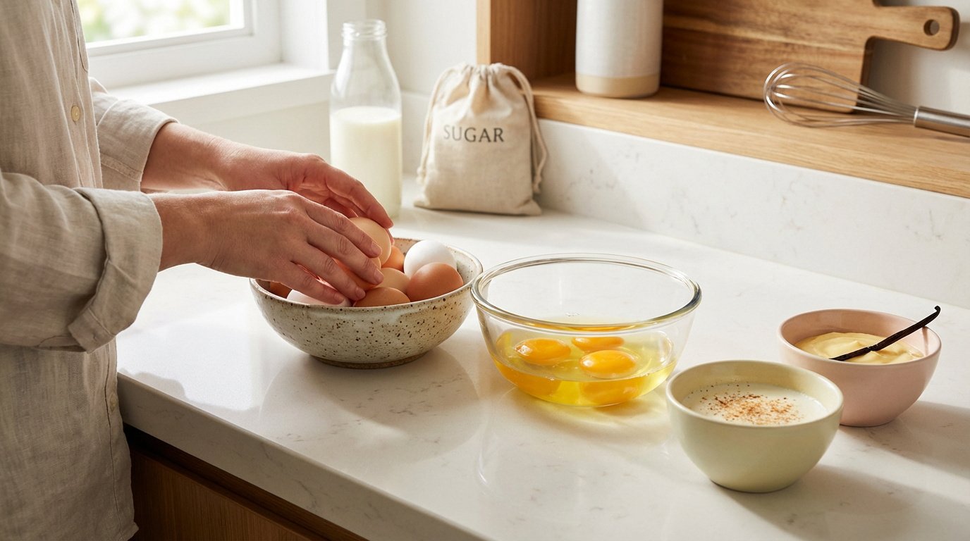 Gros plan sur des mains préparant une recette. Sur un comptoir, des œufs entiers et battus, lait, sucre, crème vanille et cannelle.