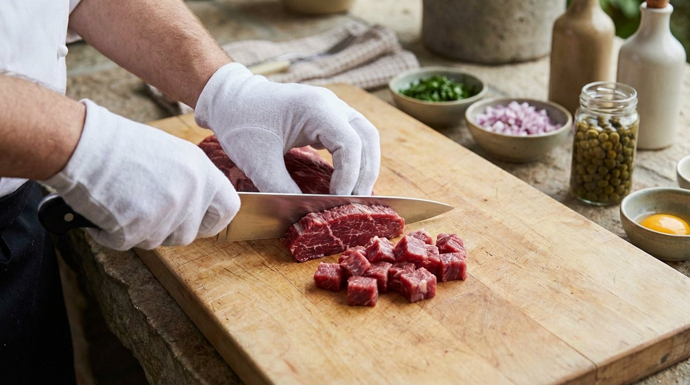 Un chef ganté coupe de la viande de bœuf crue en dés sur une planche en bois, entouré d'ingrédients pour tartare.