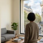 Dispositif d'alarme sans fil mural avec lumière bleue, dans un salon moderne. Vue sur des immeubles haussmanniens de Paris.