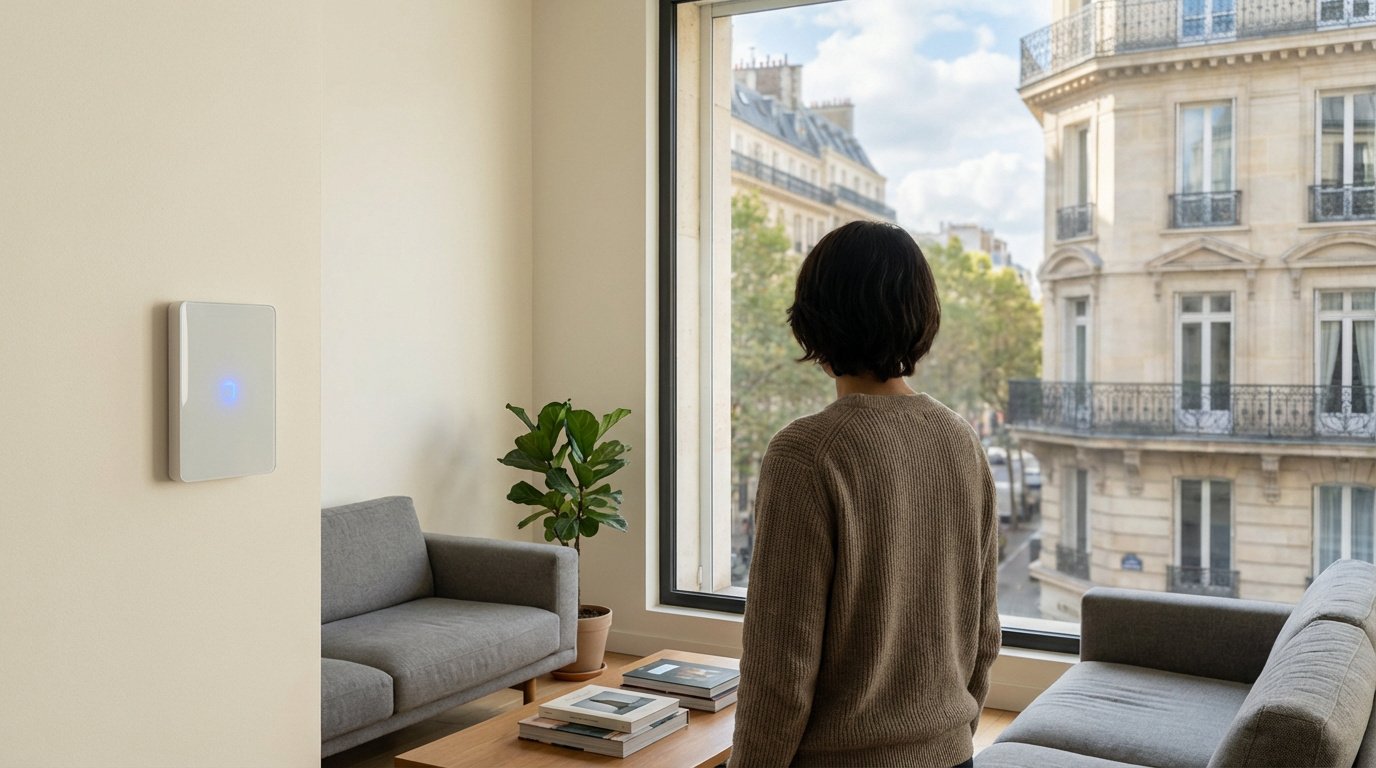 Dispositif d'alarme sans fil mural avec lumière bleue, dans un salon moderne. Vue sur des immeubles haussmanniens de Paris.