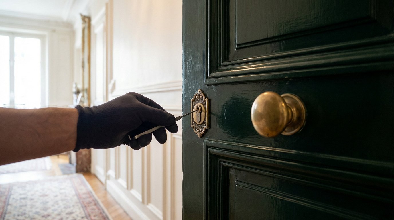 Main gantée ouvrant une serrure sur une porte vert foncé dans un appartement parisien lumineux.