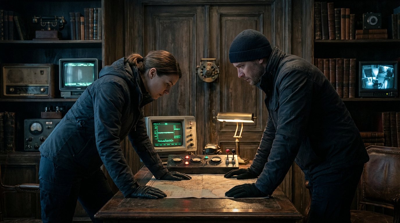 Deux agents encapuchonnés examinent une carte sur un bureau rempli d'équipement d'espionnage rétro dans un bureau sombre.