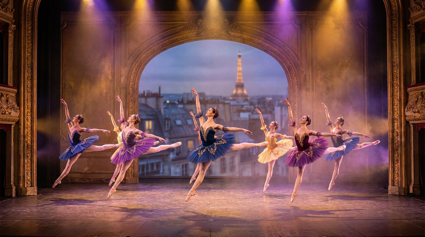 Sept ballerines en tutus bleus, violets et jaunes bondissant sur une scène de théâtre. En fond, un panorama parisien avec la Tour Eiffel.