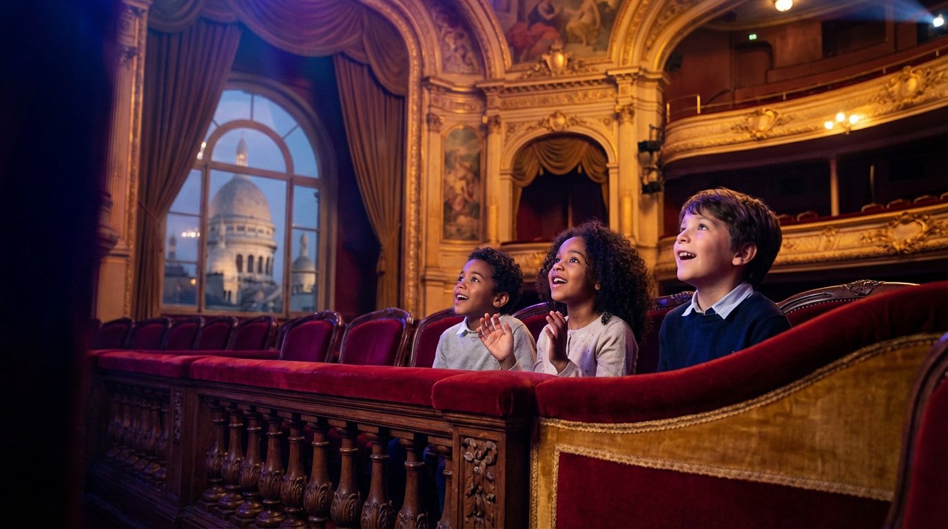 Trois enfants émerveillés dans une loge de théâtre parisien, le Sacré-Cœur visible par la fenêtre.