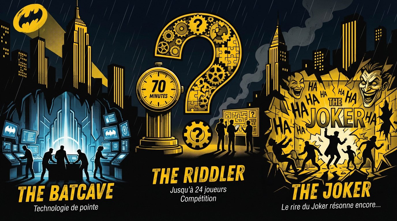 Décors immersifs des salles de Batman Escape Game à Paris incluant la Batcave et le Joker