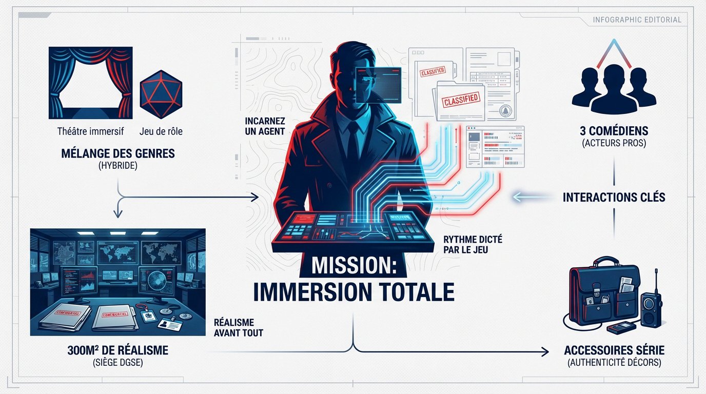 Infographie de la mission d'immersion totale au Bureau des Légendes