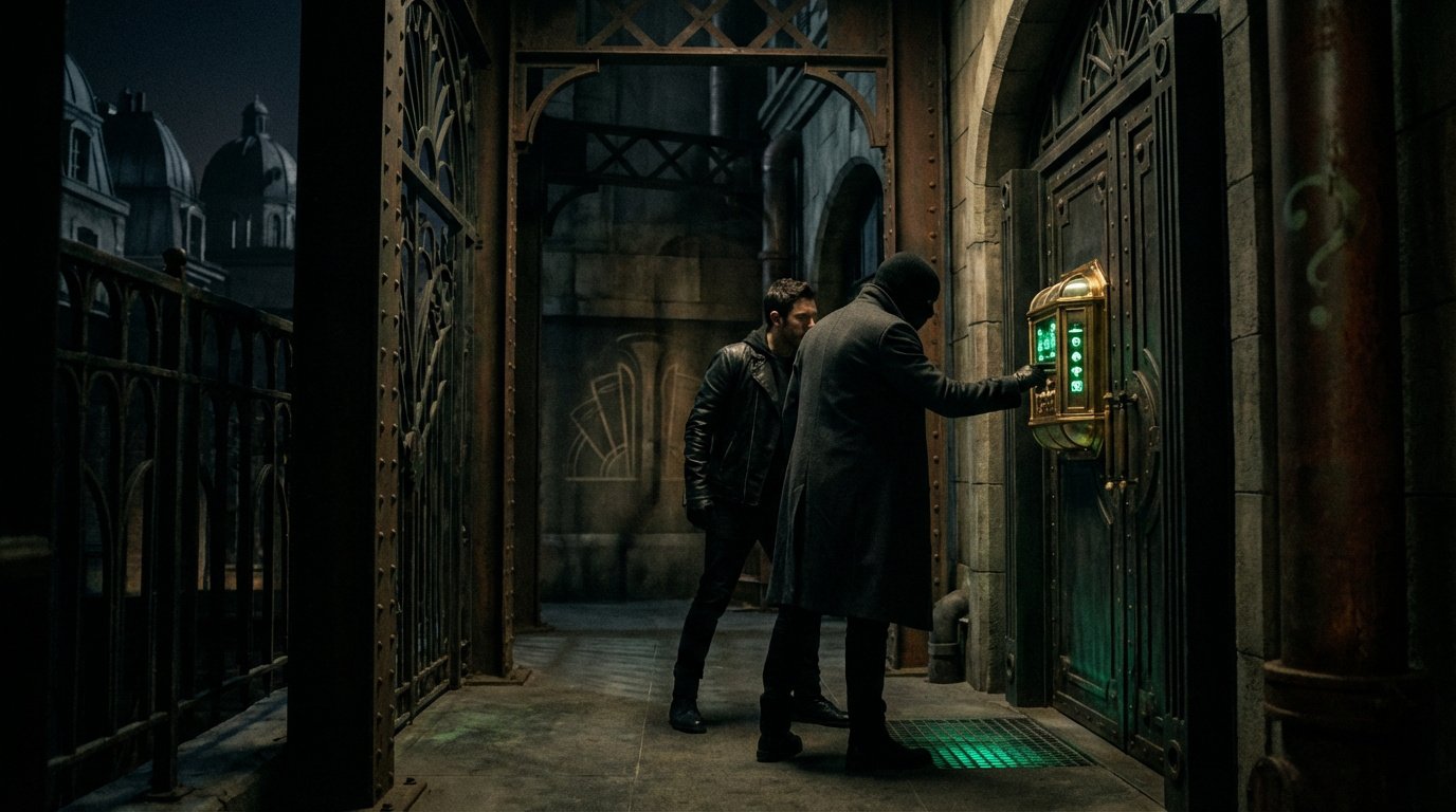 Scène d'escape game Batman. Deux hommes face à une porte sombre avec un puzzle lumineux vert et un symbole du Sphinx.