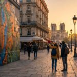 Scène parisienne au crépuscule. Un couple admire Notre-Dame depuis une rue pavée bordée de street art et de cafés. Lumière dorée.