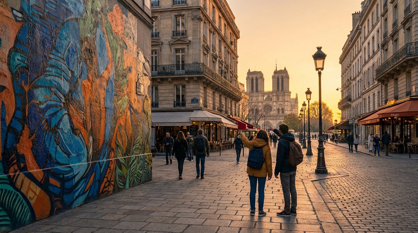 Scène parisienne au crépuscule. Un couple admire Notre-Dame depuis une rue pavée bordée de street art et de cafés. Lumière dorée.