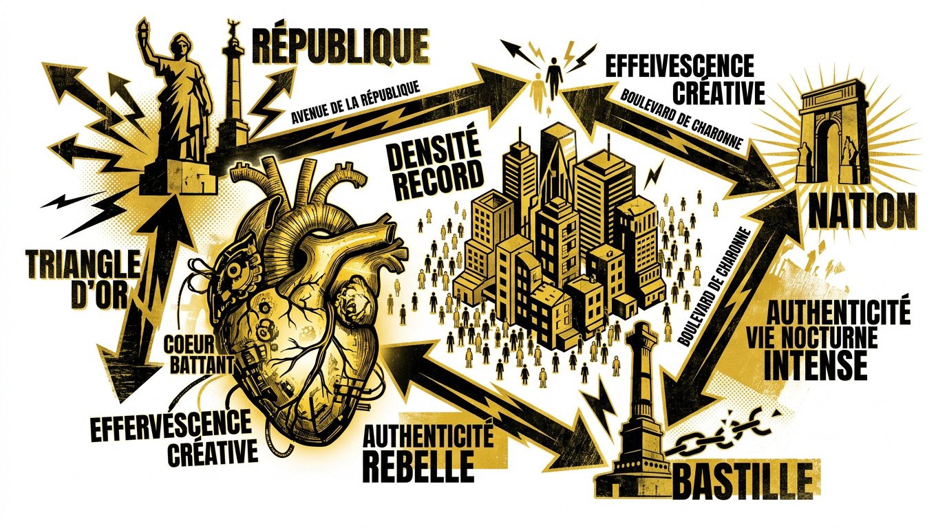 Vue urbaine dynamique du 11e arrondissement de Paris entre architecture historique et animation quotidienne