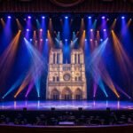 Scène de théâtre vide avec un décor représentant la façade de Notre-Dame de Paris, éclairée par des projecteurs bleus, jaunes et violets.