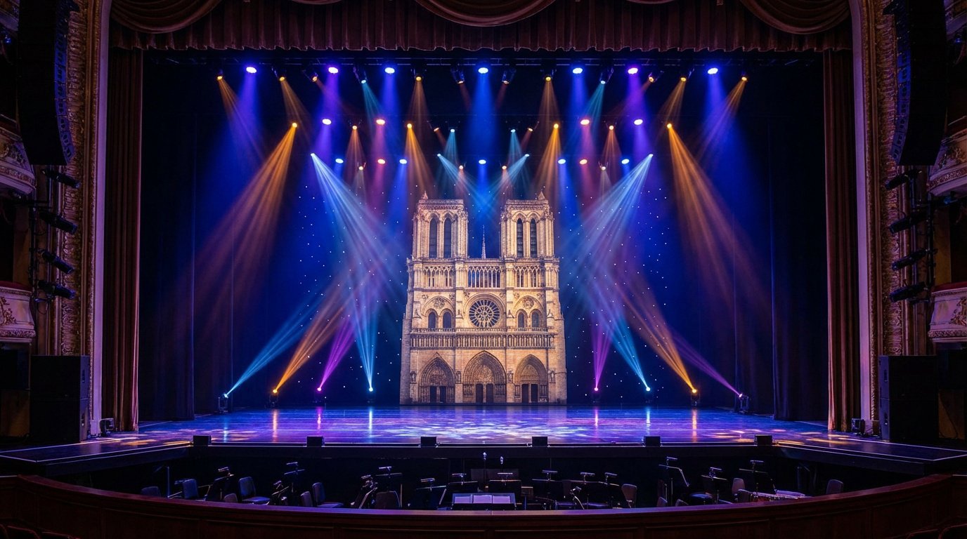 Scène de théâtre vide avec un décor représentant la façade de Notre-Dame de Paris, éclairée par des projecteurs bleus, jaunes et violets.