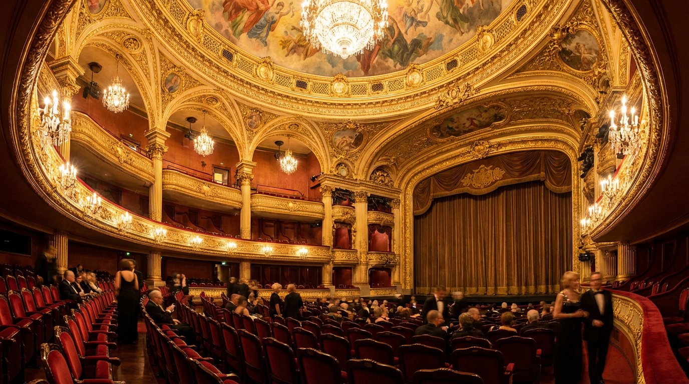 Vue panoramique de l'intérieur richement décoré d'un opéra parisien, avec ses balcons dorés, sièges rouges et lustres scintillants, avant un spectacle.