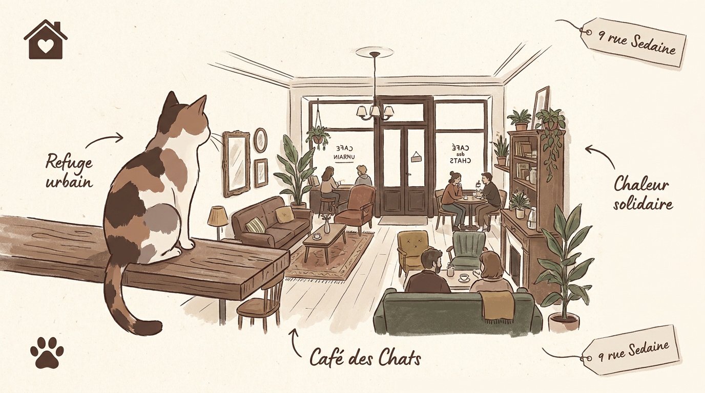 Chats se reposant paisiblement dans le décor vintage du Café des Chats à Paris