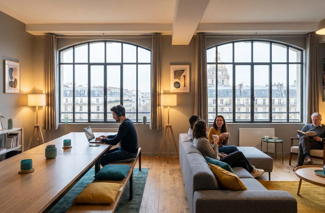 Des personnes travaillent et se détendent dans un espace de coliving parisien moderne avec vue sur les Invalides.