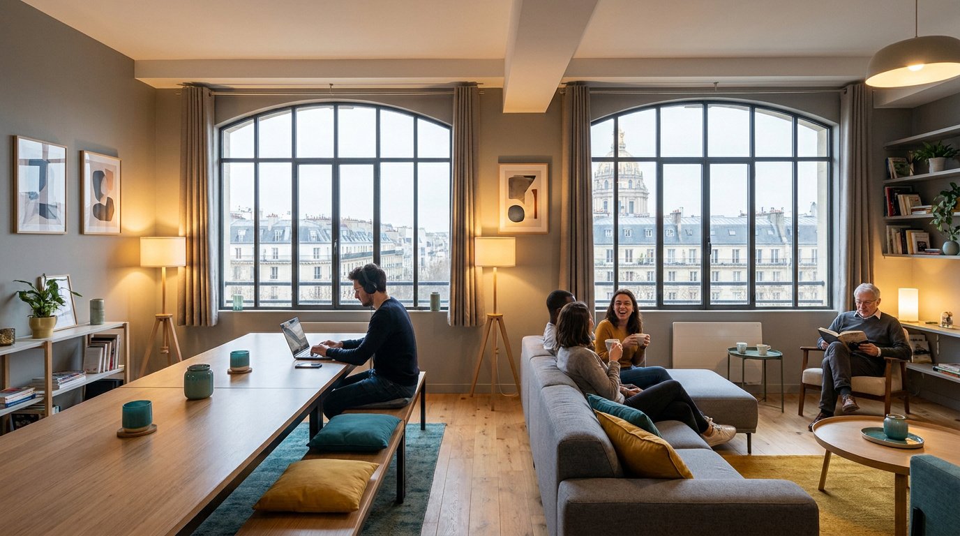 Des personnes travaillent et se détendent dans un espace de coliving parisien moderne avec vue sur les Invalides.