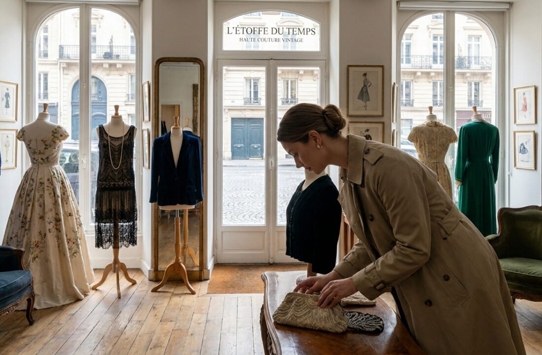 Une femme examine des sacs à main vintage dans une boutique de haute couture parisienne, entourée de robes sur mannequins.