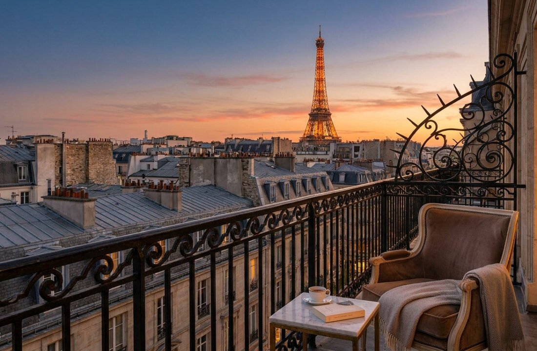 Vue au coucher du soleil sur les toits de Paris et la tour Eiffel depuis un balcon avec un fauteuil confortable.