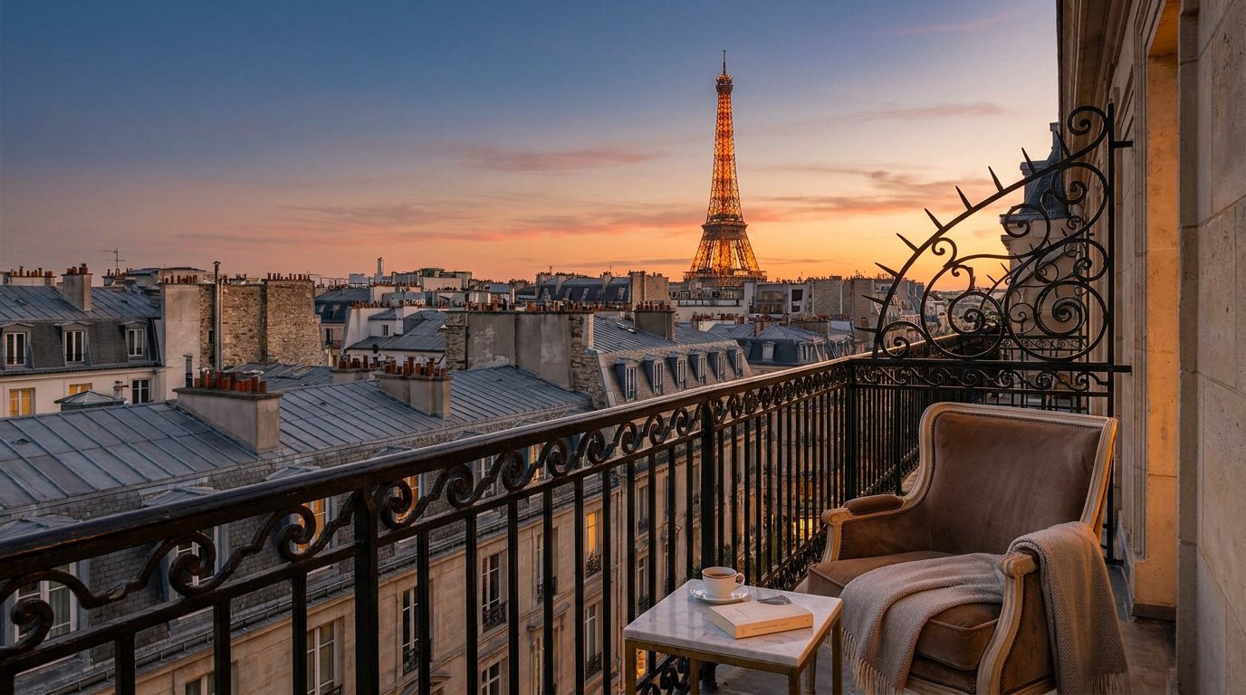 Vue au coucher du soleil sur les toits de Paris et la tour Eiffel depuis un balcon avec un fauteuil confortable.