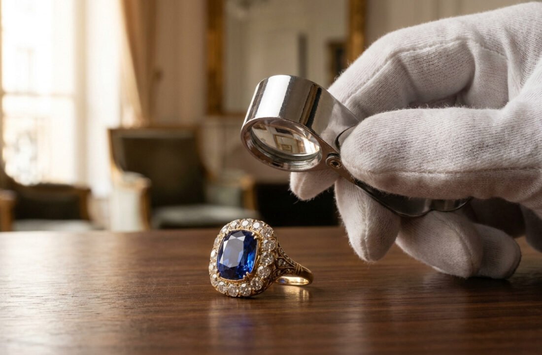 Une main gantée utilisant une loupe pour expertiser une bague vintage ornée d'un saphir bleu et de diamants.