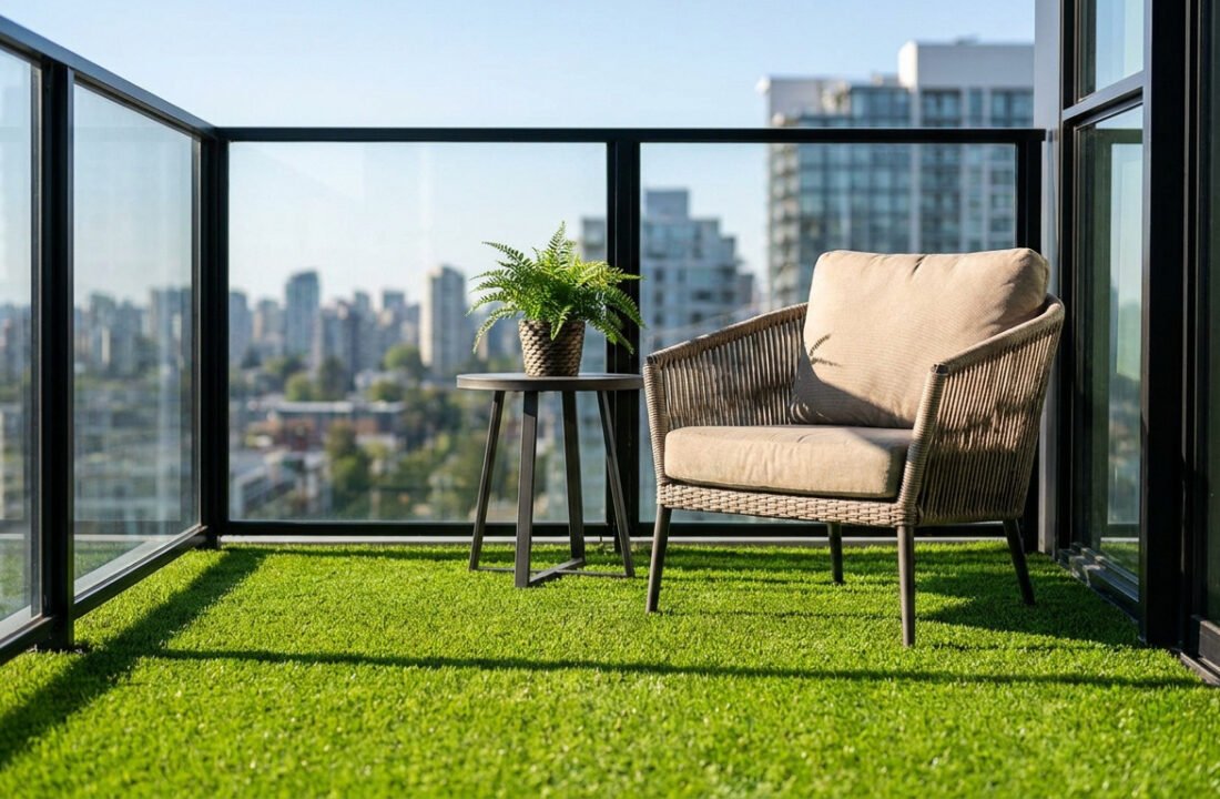 Balcon urbain avec gazon synthétique, un fauteuil confortable et une petite table avec une plante verte.