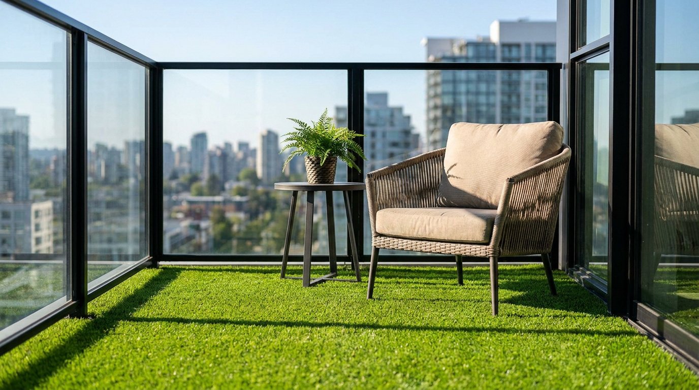 Balcon urbain avec gazon synthétique, un fauteuil confortable et une petite table avec une plante verte.