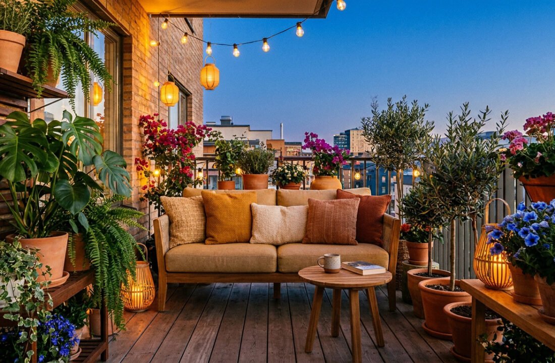 Un balcon confortable avec un canapé, des coussins, des plantes en pot et une guirlande lumineuse au crépuscule.