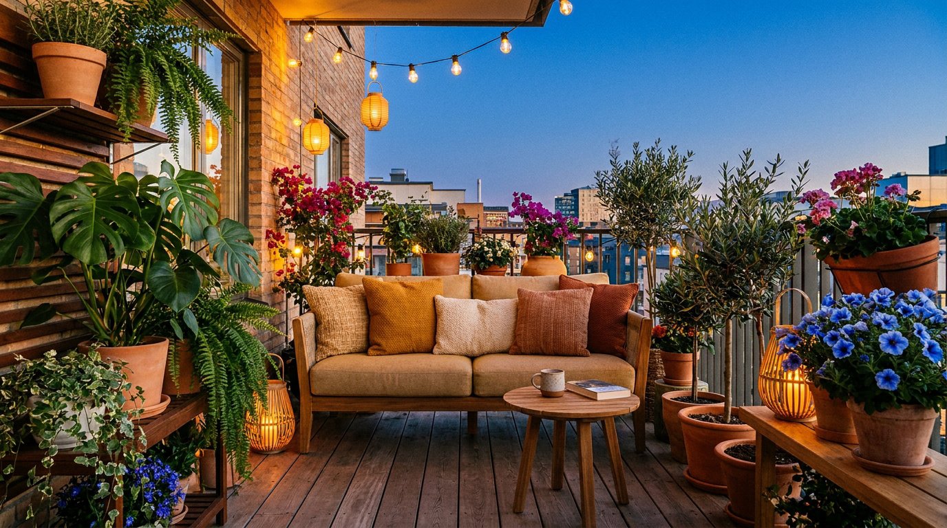 Un balcon confortable avec un canapé, des coussins, des plantes en pot et une guirlande lumineuse au crépuscule.