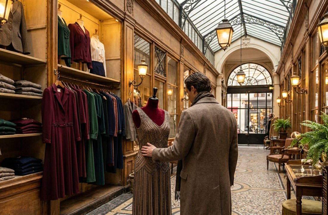 Un homme examine une robe sur un mannequin dans une élégante galerie couverte parisienne au style vintage.
