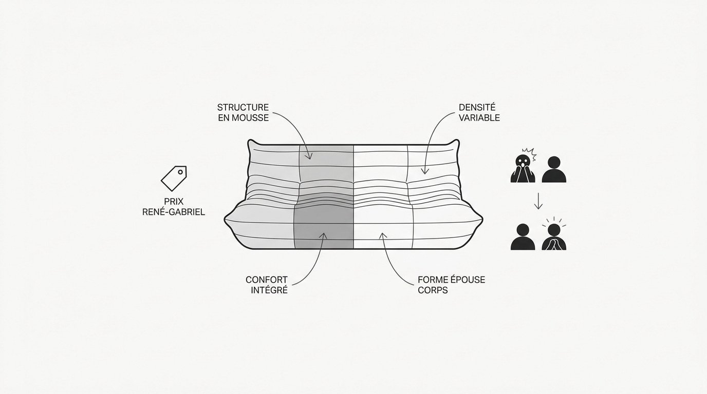Canapé Togo de Ligne Roset en cuir marron avec ses plis emblématiques dans un salon moderne