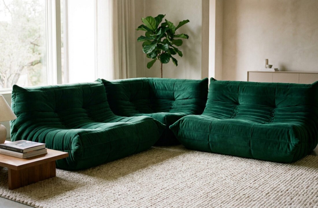 Canapé Togo modulaire en velours vert forêt dans un salon lumineux au style minimaliste et chaleureux.