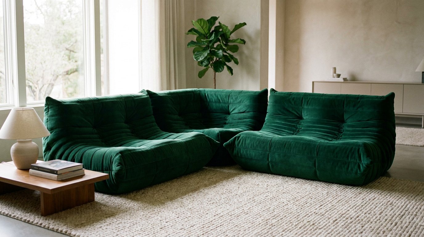 Canapé Togo modulaire en velours vert forêt dans un salon lumineux au style minimaliste et chaleureux.