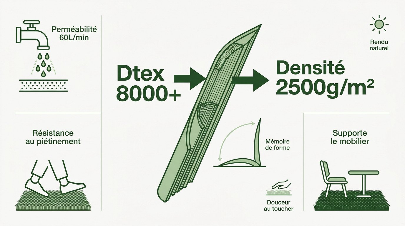 Caractéristiques techniques du gazon synthétique pour balcon incluant Dtex et densité