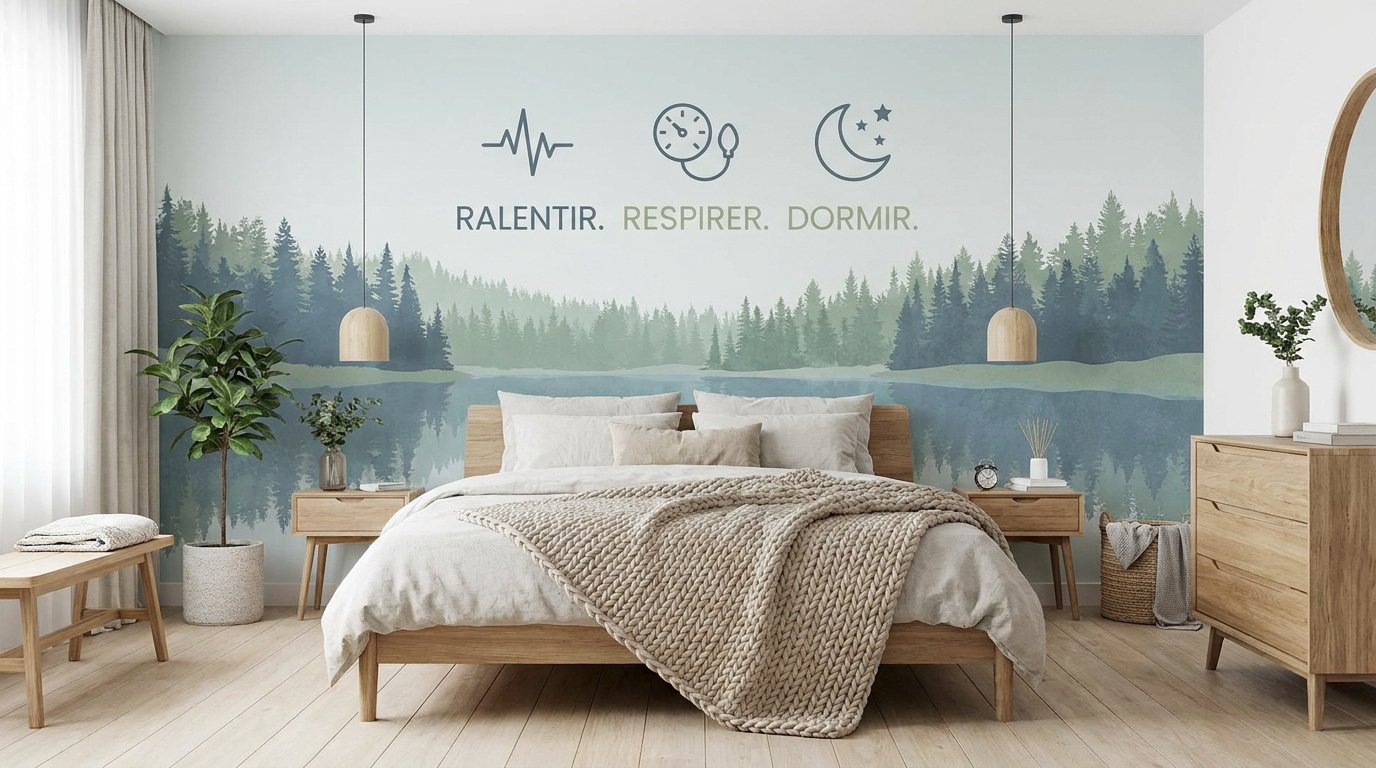 Chambre adulte avec papier peint panoramique style scandinave apaisant