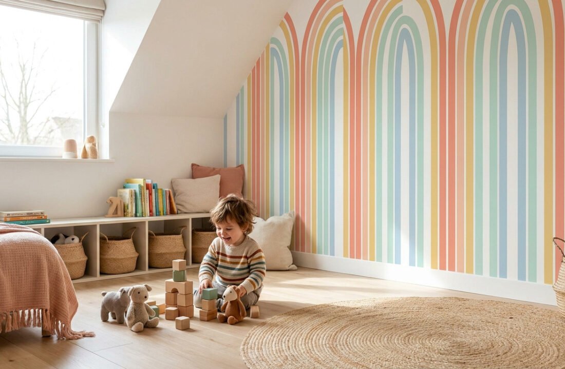 Un enfant joue avec des cubes en bois dans une chambre décorée avec un papier peint à motifs d'arcs-en-ciel colorés.