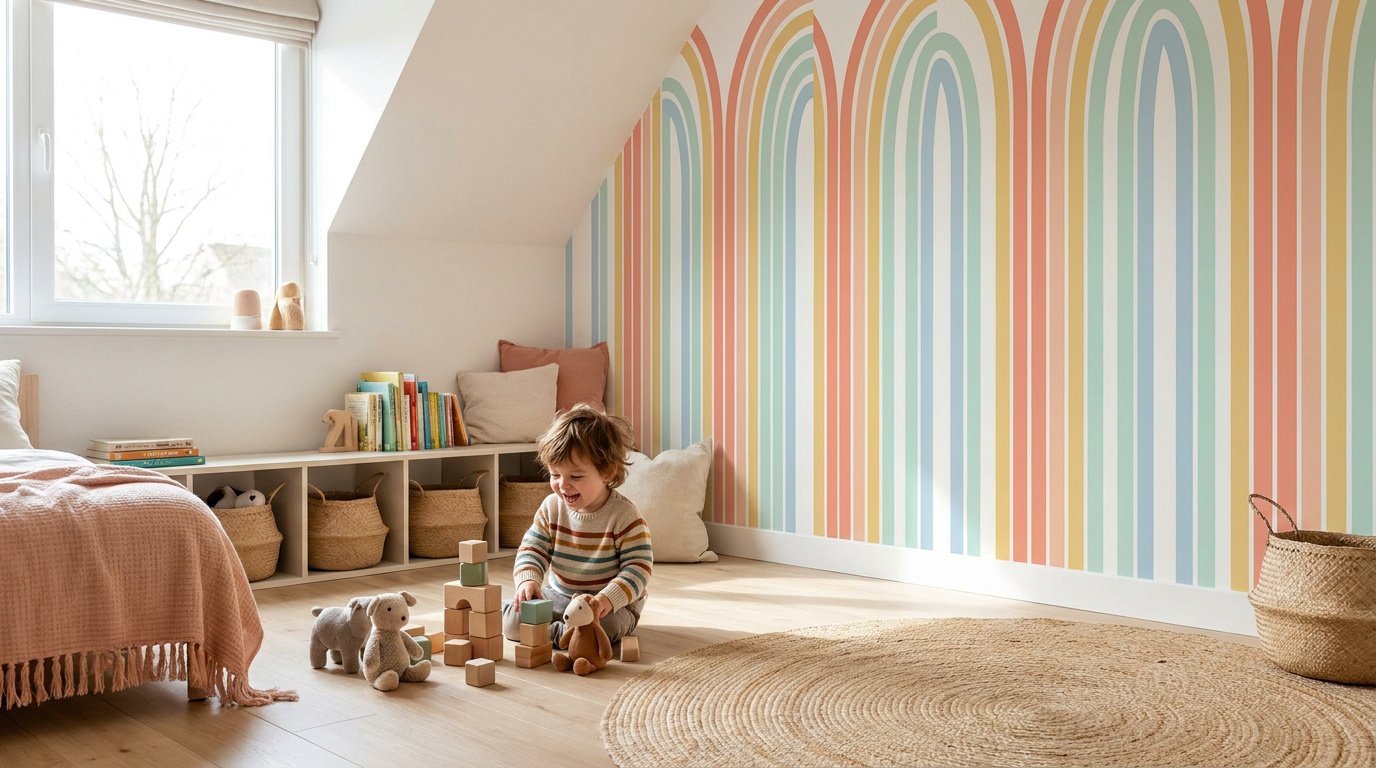 Un enfant joue avec des cubes en bois dans une chambre décorée avec un papier peint à motifs d'arcs-en-ciel colorés.