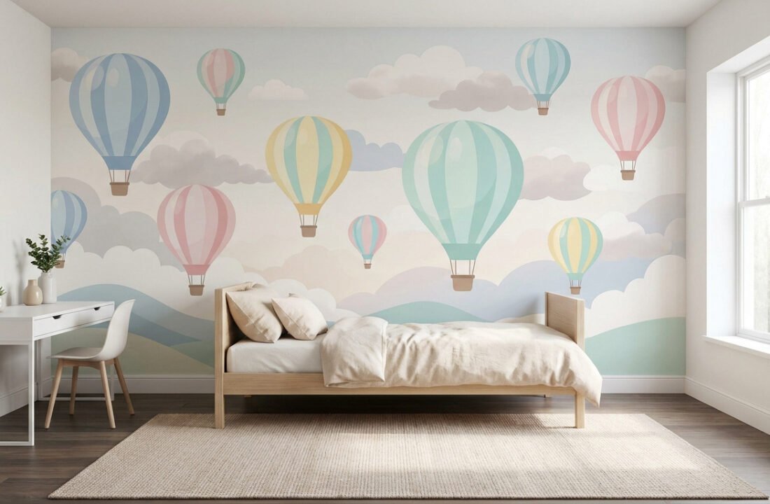 Papier peint panoramique avec montgolfières colorées sur fond de ciel nuageux dans une chambre d'enfant moderne.