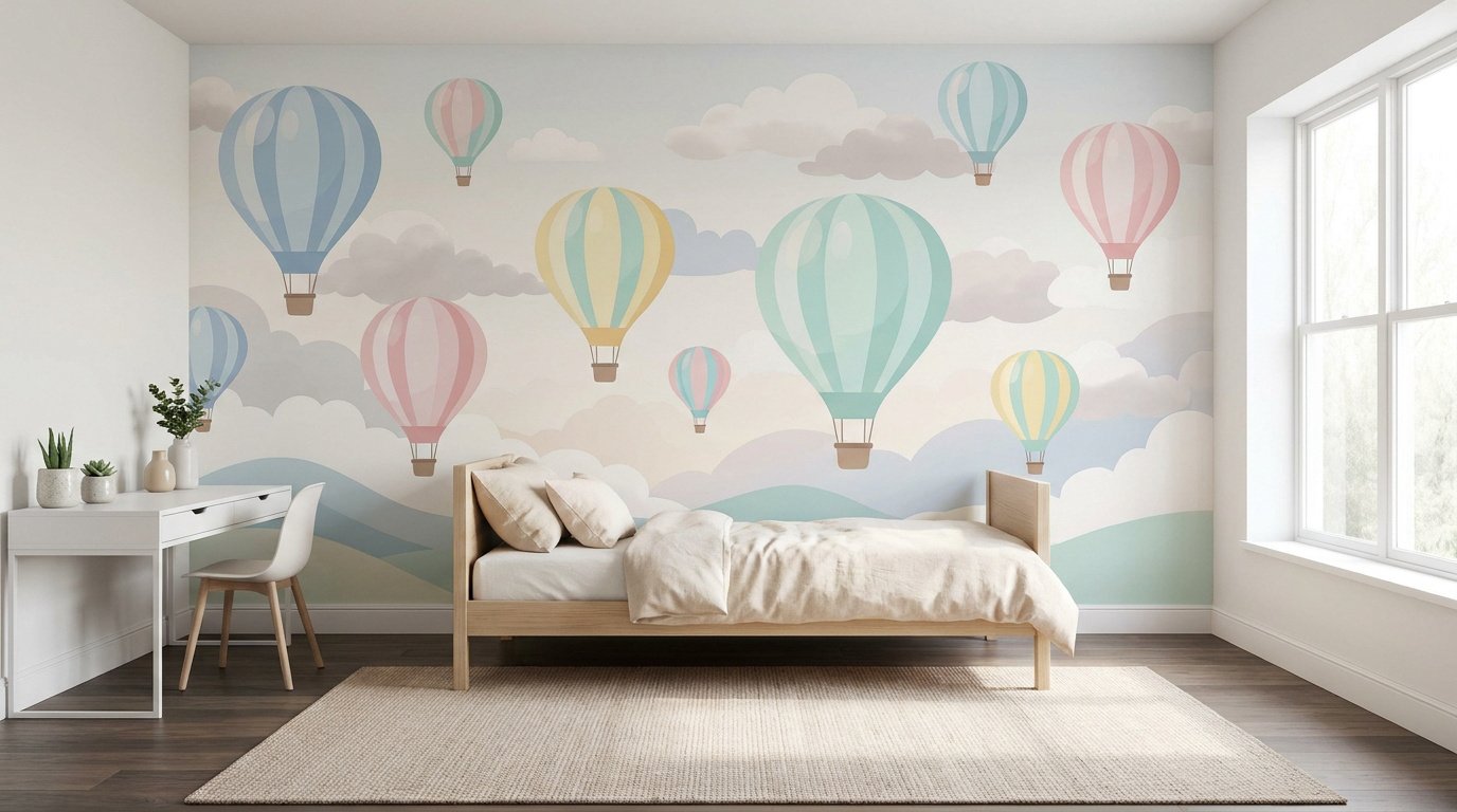 Papier peint panoramique avec montgolfières colorées sur fond de ciel nuageux dans une chambre d'enfant moderne.