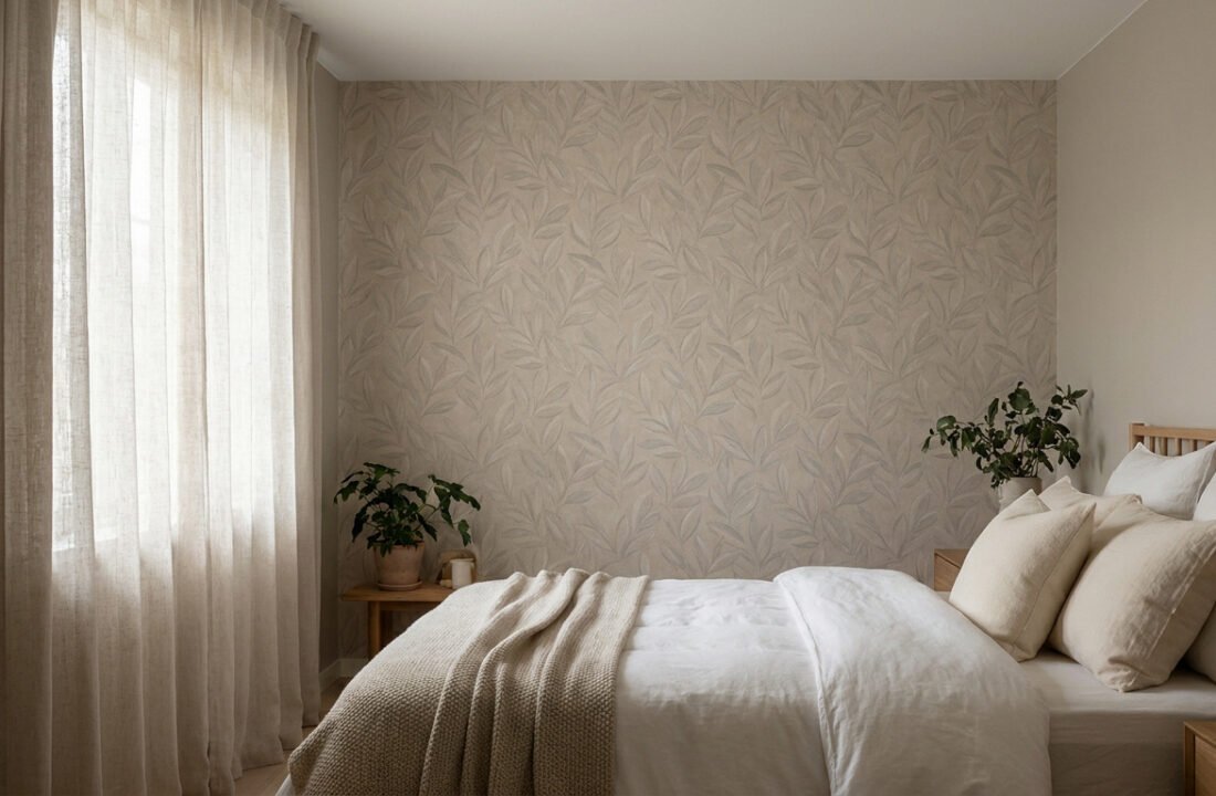 Chambre adulte avec papier peint beige à motifs feuillages, rideaux en lin et décoration minimaliste naturelle.
