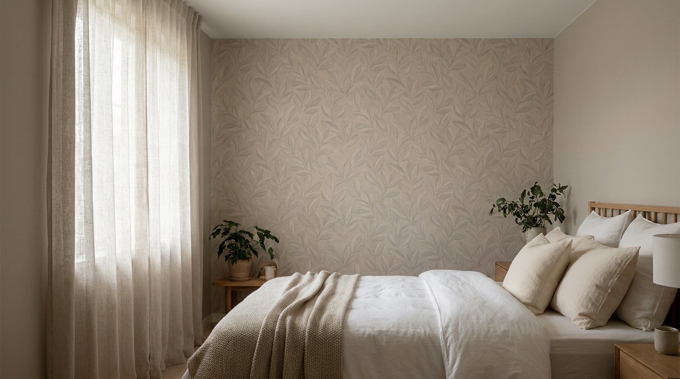 Chambre adulte avec papier peint beige à motifs feuillages, rideaux en lin et décoration minimaliste naturelle.