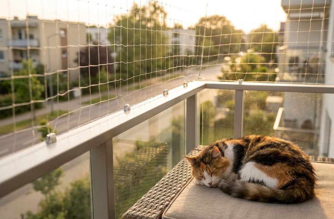 Un chat tricolore dort paisiblement sur un coussin installé sur un balcon sécurisé par un filet de protection transparent.