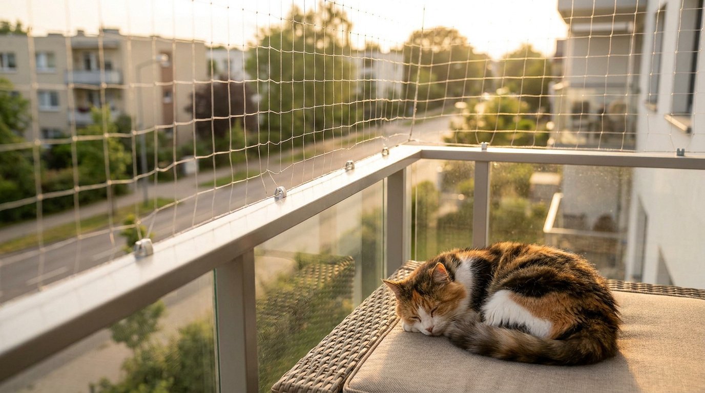 Un chat tricolore dort paisiblement sur un coussin installé sur un balcon sécurisé par un filet de protection transparent.