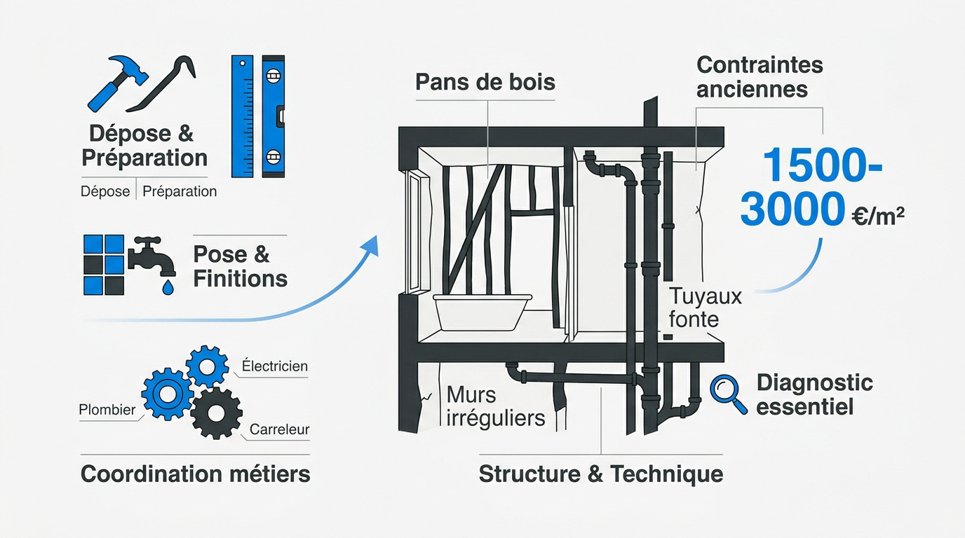 Détails techniques et structurels d'une rénovation de salle de bain ancienne à Paris
