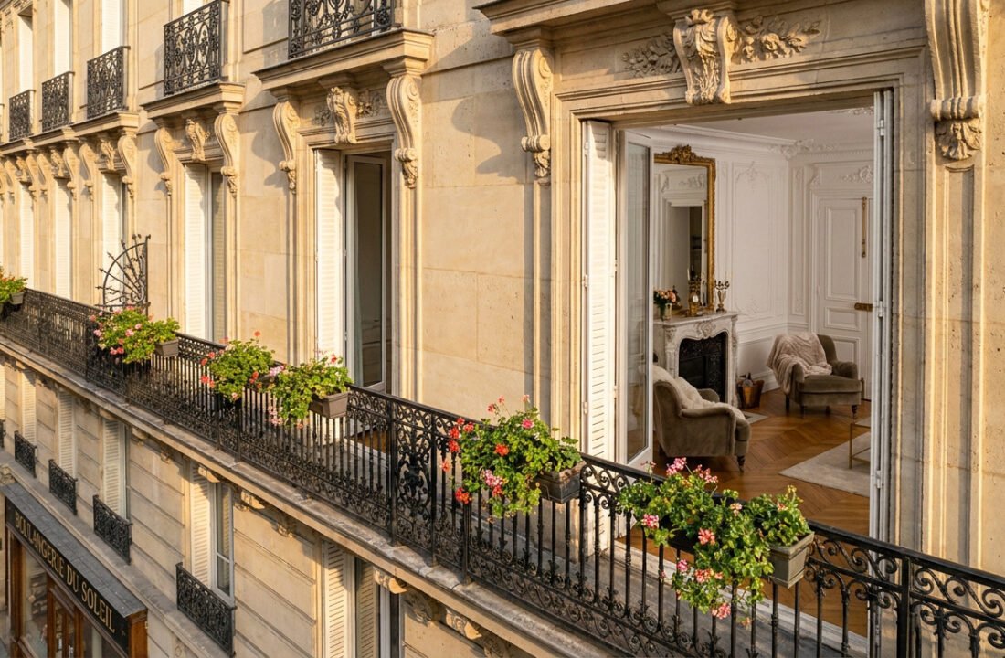 Façade haussmannienne avec balcon fleuri et vue sur un salon parisien raffiné.