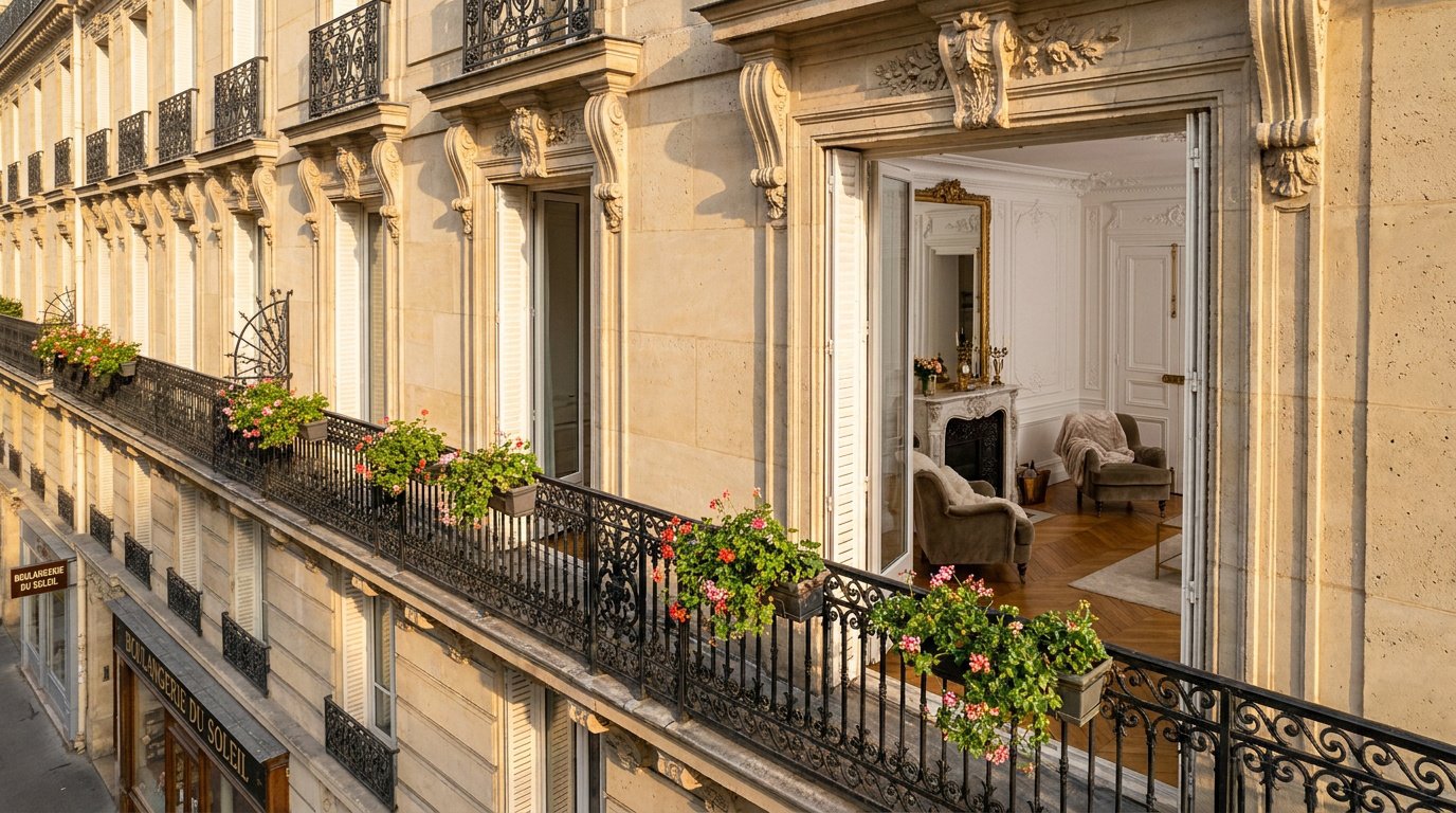 Façade haussmannienne avec balcon fleuri et vue sur un salon parisien raffiné.